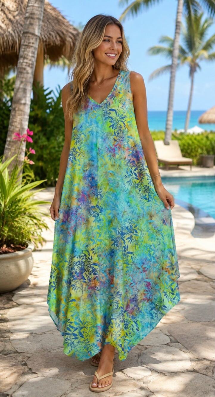 GRINGO Fairtrade Maxi Trapeze Dress Women's Sz XL Hand Painted Batik Leaf Print